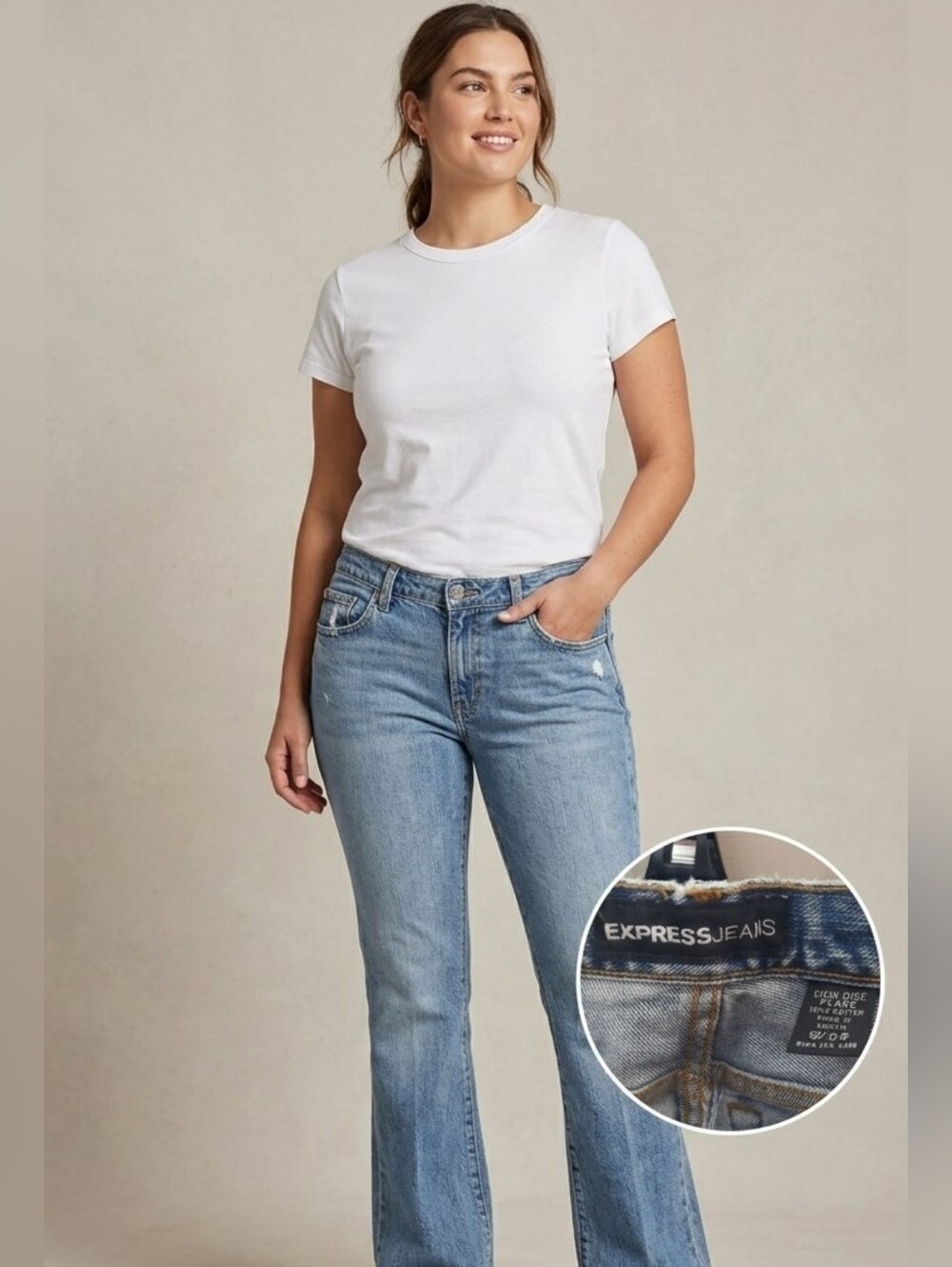 Express Low Rise Flare Jeans 100% Cotton Light Blue Size 9/10 R Distress VGUC